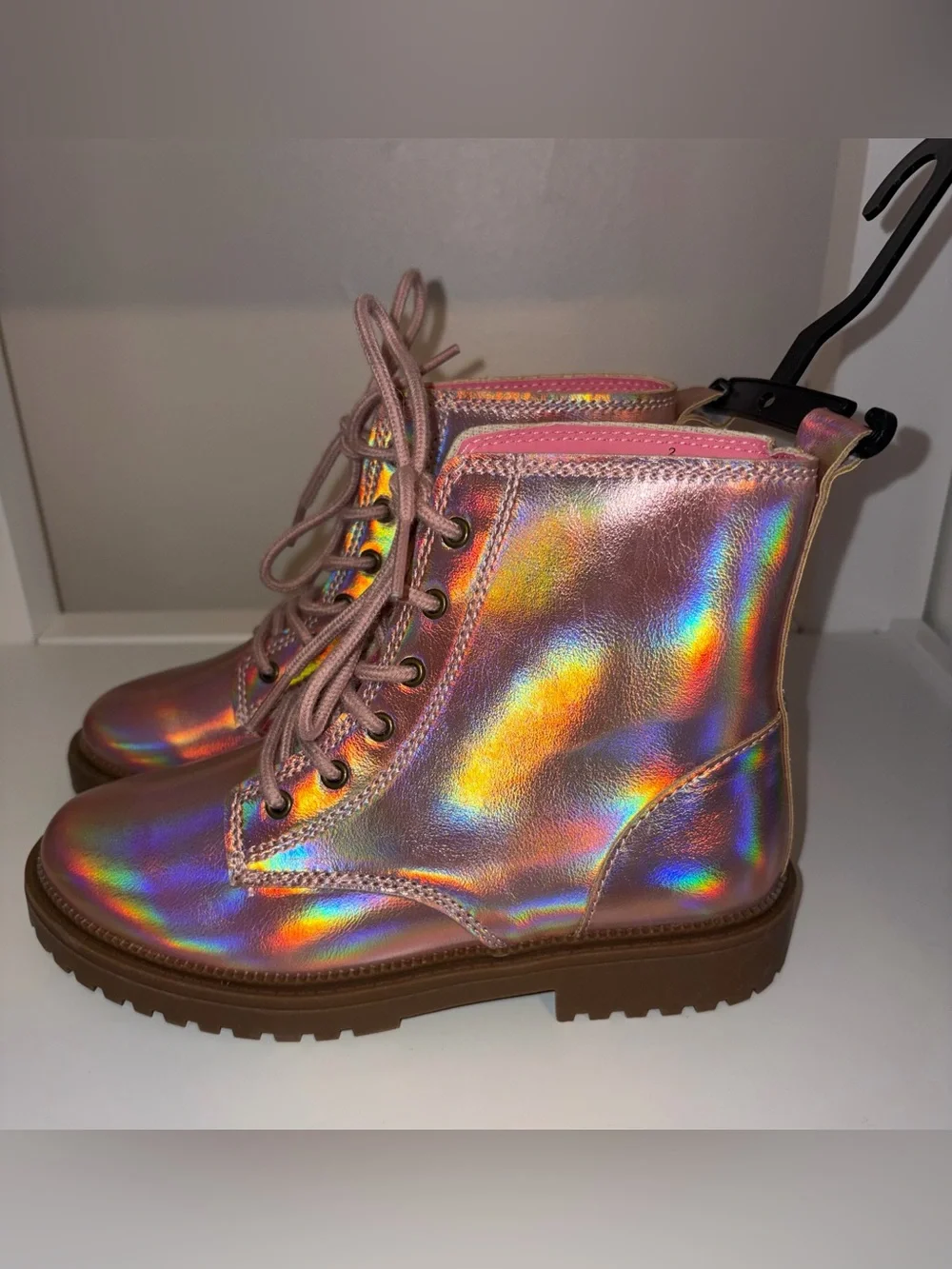 Iridescent Pink Holographic Lace-Up Combat Boots